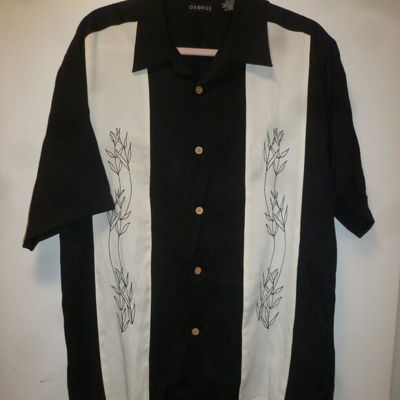 George Mens Embroidered Black/White Buttoned Short Sleeve Dress Shirt SzM(38/40) - Picture 1 of 7